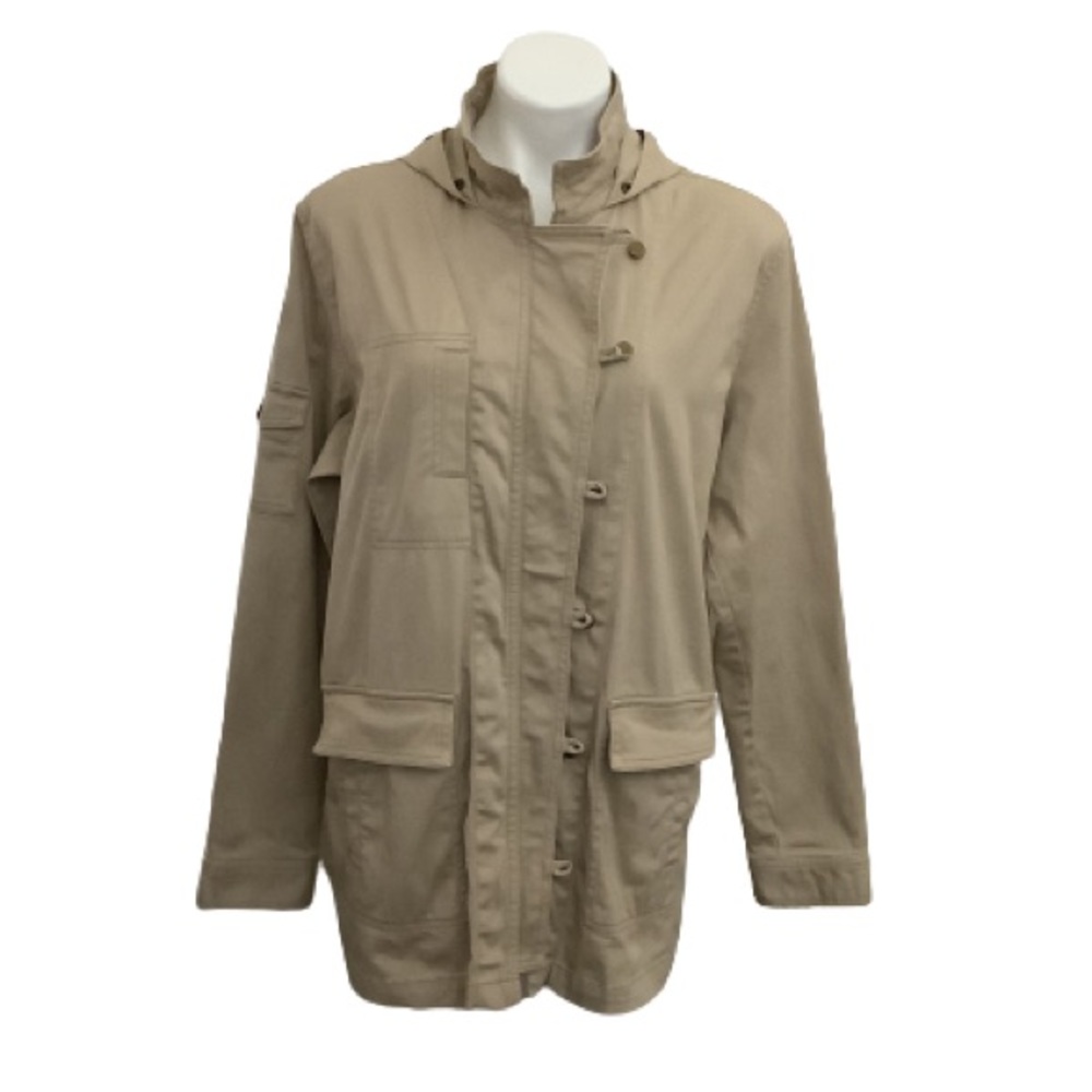CAbi Hooded Utility Jacket Tan Khaki Cotton Safari Barn Coat Pockets Large - Picture 2 of 8